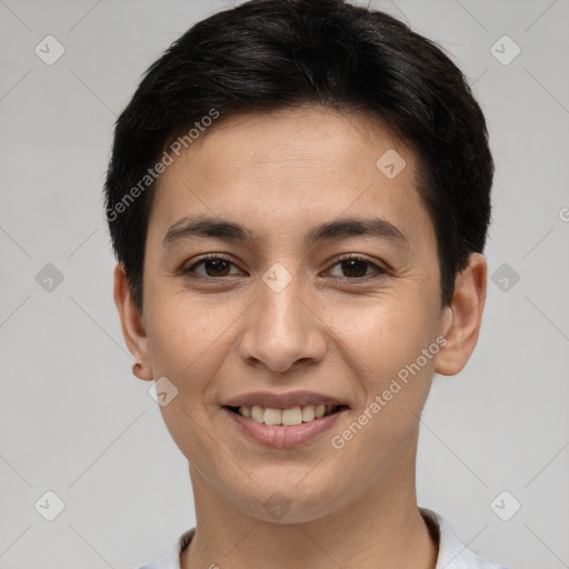 Joyful white young-adult female with short  brown hair and brown eyes