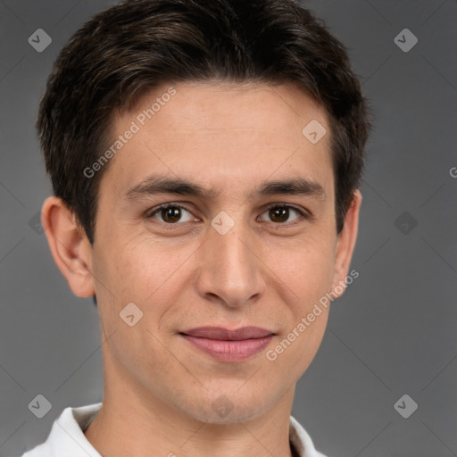 Joyful white young-adult male with short  brown hair and brown eyes