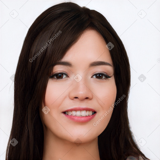 Joyful white young-adult female with long  black hair and brown eyes