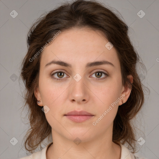 Neutral white young-adult female with medium  brown hair and brown eyes