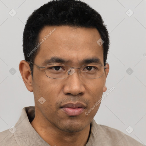 Neutral asian adult male with short  black hair and brown eyes
