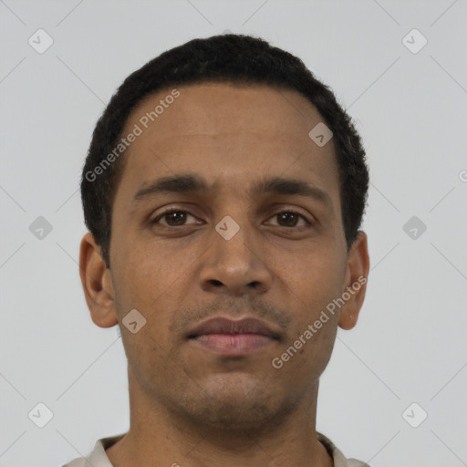 Neutral latino young-adult male with short  black hair and brown eyes