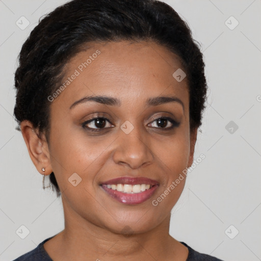 Joyful latino young-adult female with short  brown hair and brown eyes