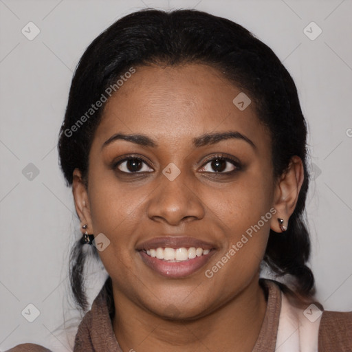 Joyful latino young-adult female with medium  black hair and brown eyes