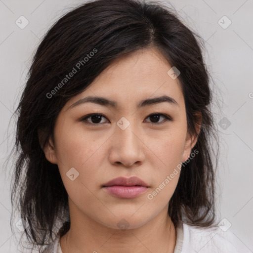 Neutral asian young-adult female with medium  brown hair and brown eyes