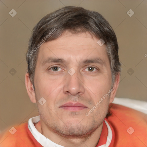 Neutral white adult male with short  brown hair and brown eyes