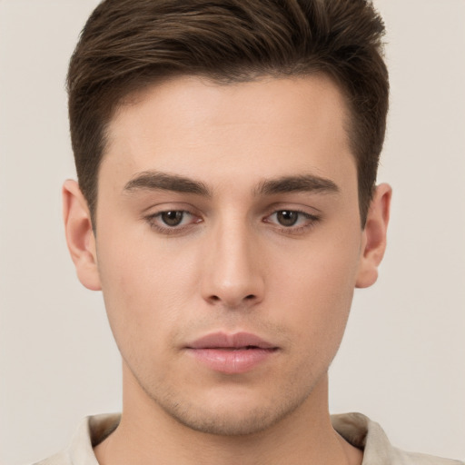 Neutral white young-adult male with short  brown hair and brown eyes