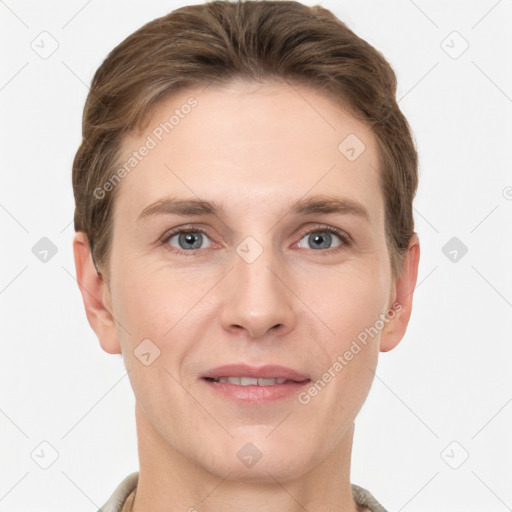 Joyful white young-adult female with short  brown hair and grey eyes