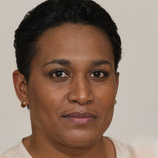 Joyful black young-adult female with short  brown hair and brown eyes