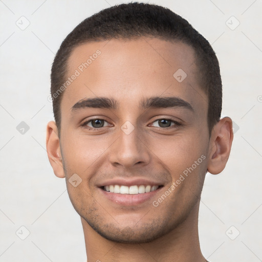 Joyful white young-adult male with short  brown hair and brown eyes