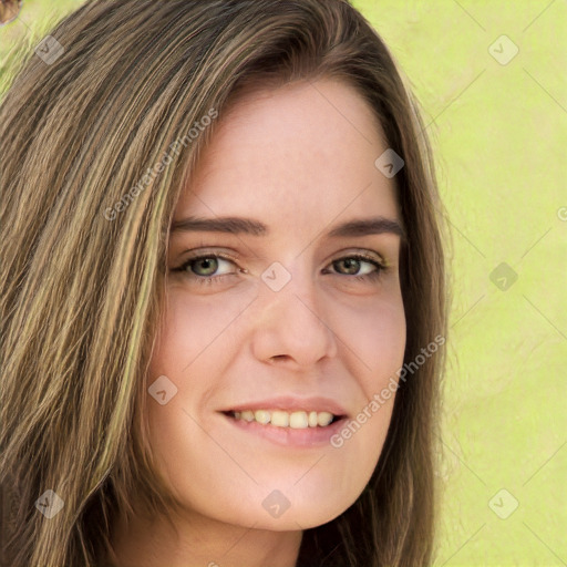 Joyful white young-adult female with long  brown hair and green eyes