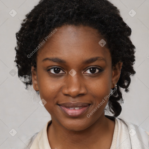 Joyful black young-adult female with medium  black hair and brown eyes