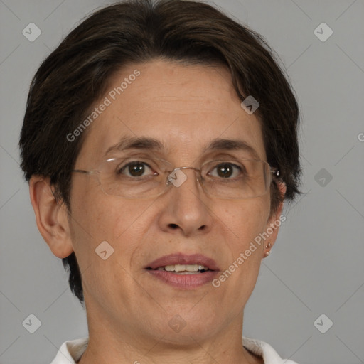 Joyful white adult female with short  brown hair and brown eyes