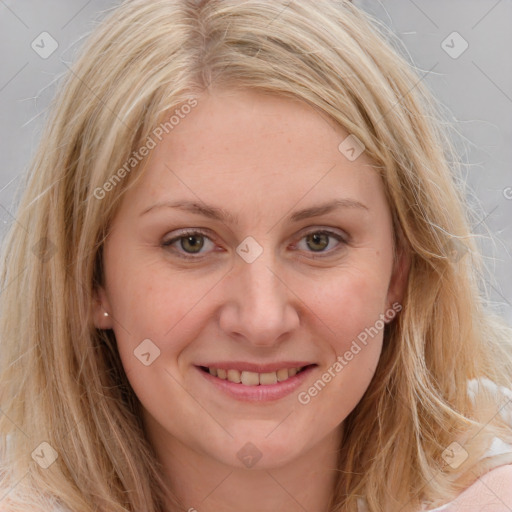 Joyful white young-adult female with medium  brown hair and blue eyes