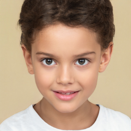 Joyful white child female with short  brown hair and brown eyes