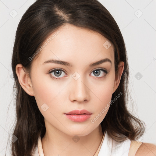 Neutral white young-adult female with medium  brown hair and brown eyes