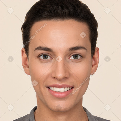 Joyful white young-adult female with short  brown hair and brown eyes