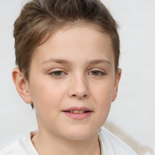 Joyful white child female with short  brown hair and brown eyes