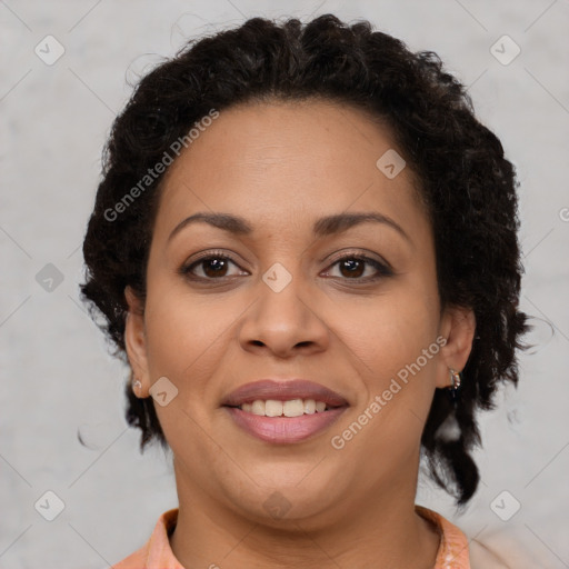 Joyful latino young-adult female with short  brown hair and brown eyes