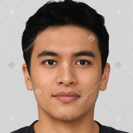 Joyful asian young-adult male with short  black hair and brown eyes