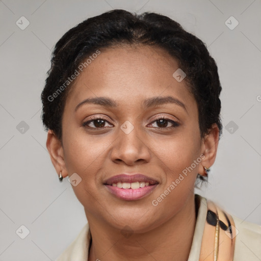 Joyful latino young-adult female with short  brown hair and brown eyes