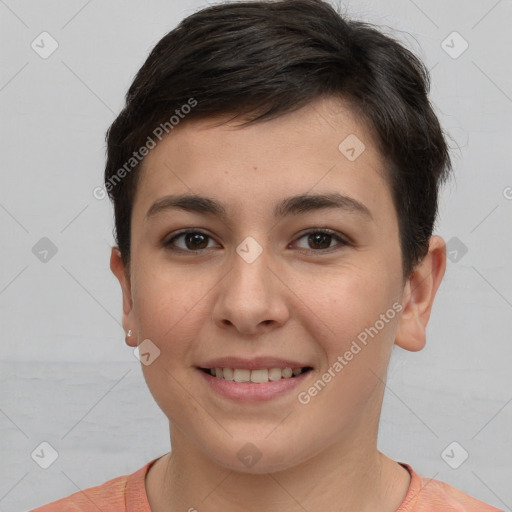 Joyful white young-adult female with short  brown hair and brown eyes