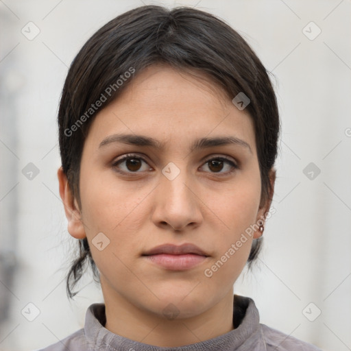 Neutral white young-adult female with medium  brown hair and brown eyes