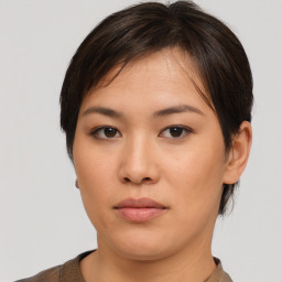 Neutral asian young-adult female with short  brown hair and brown eyes