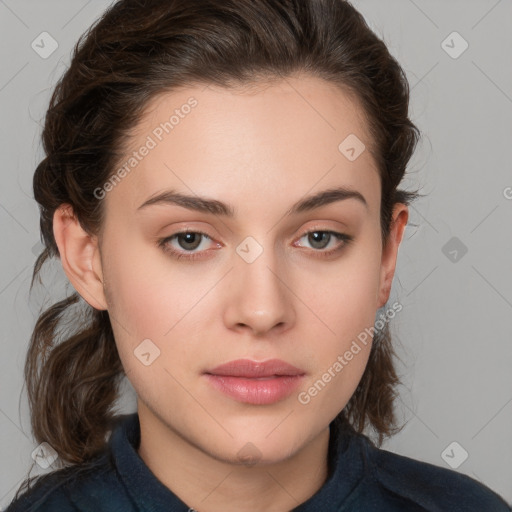 Neutral white young-adult female with medium  brown hair and brown eyes