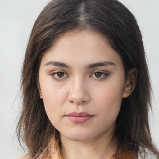 Neutral white young-adult female with medium  brown hair and brown eyes