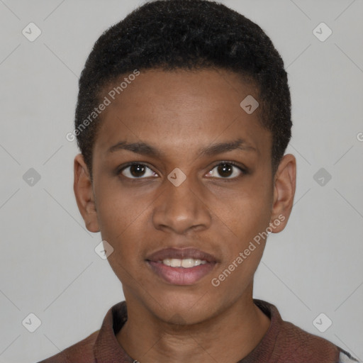 Joyful black young-adult male with short  brown hair and brown eyes
