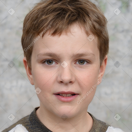 Joyful white child male with short  brown hair and grey eyes