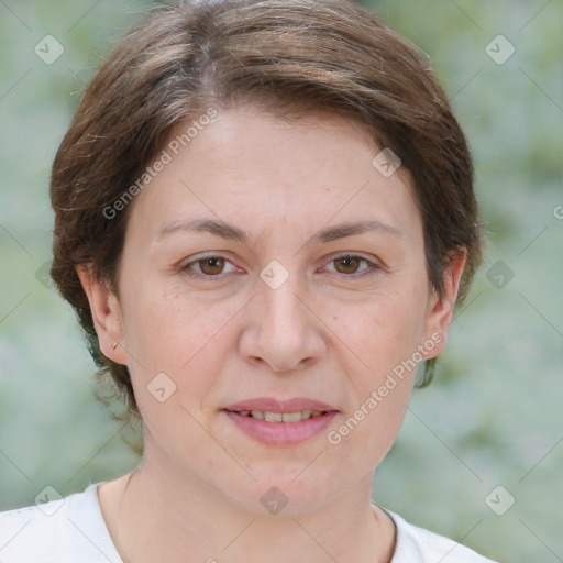 Joyful white adult female with short  brown hair and brown eyes