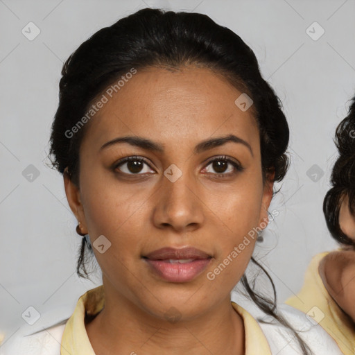 Joyful latino young-adult female with medium  black hair and brown eyes