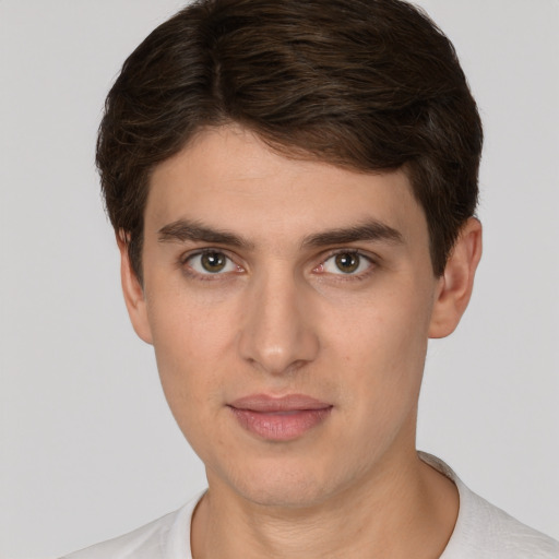 Neutral white young-adult male with short  brown hair and brown eyes