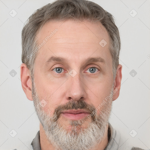 Neutral white adult male with short  brown hair and grey eyes