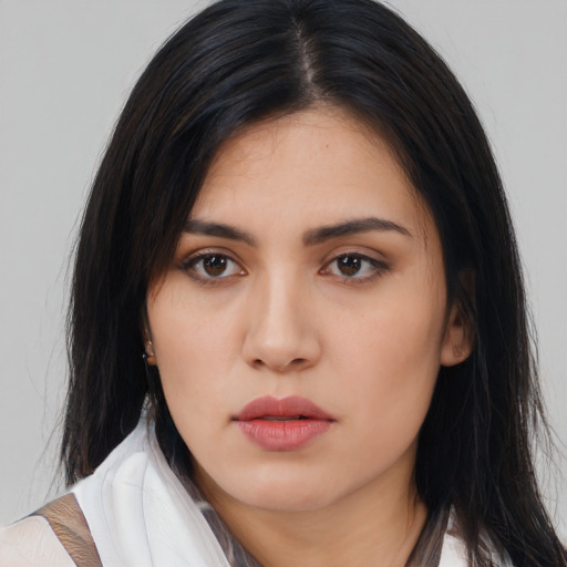 Neutral asian young-adult female with medium  black hair and brown eyes