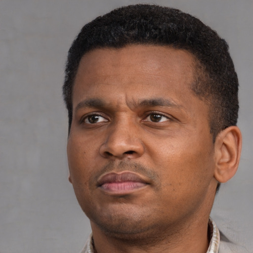 Neutral black adult male with short  brown hair and brown eyes