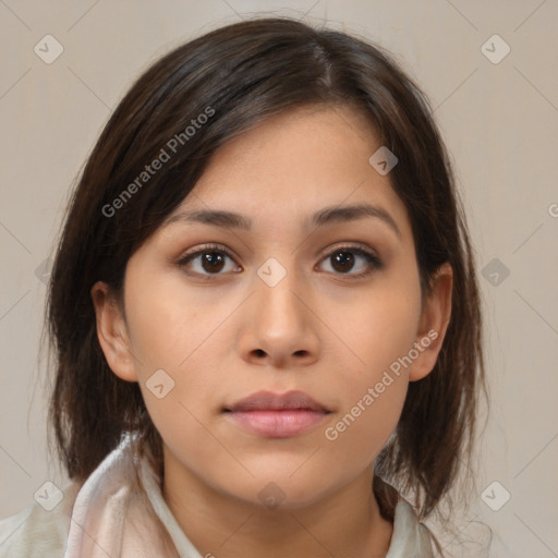 Neutral asian young-adult female with medium  brown hair and brown eyes