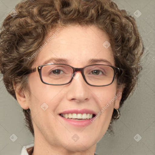 Joyful white adult female with medium  brown hair and green eyes