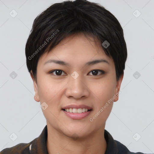 Joyful asian young-adult female with short  brown hair and brown eyes