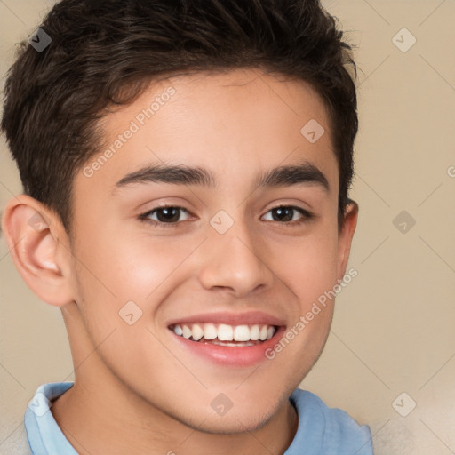 Joyful white child male with short  brown hair and brown eyes