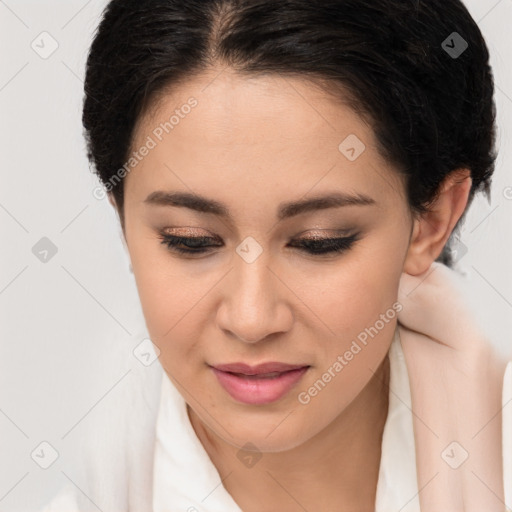 Joyful white young-adult female with medium  brown hair and brown eyes