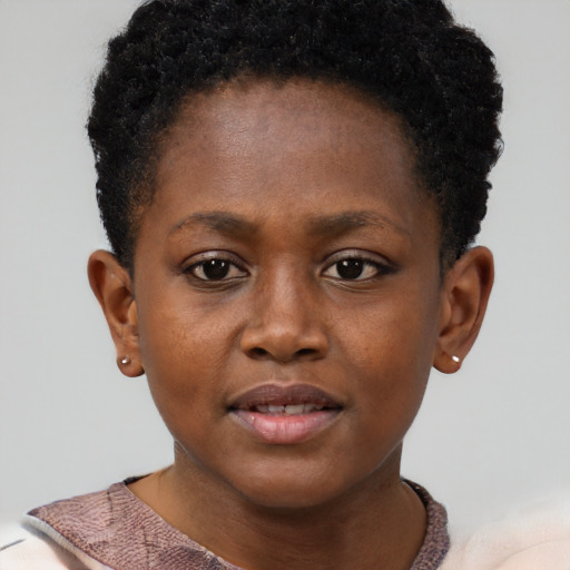 Neutral black young-adult female with short  brown hair and brown eyes