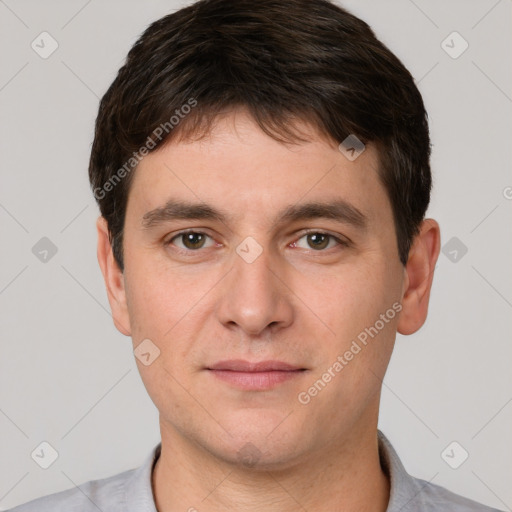 Neutral white young-adult male with short  brown hair and brown eyes