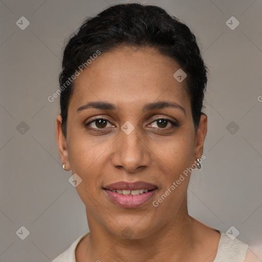 Joyful latino young-adult female with short  black hair and brown eyes