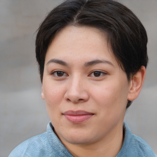 Joyful asian young-adult female with short  brown hair and brown eyes