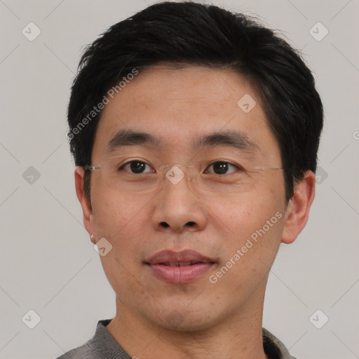 Neutral asian young-adult male with short  black hair and brown eyes