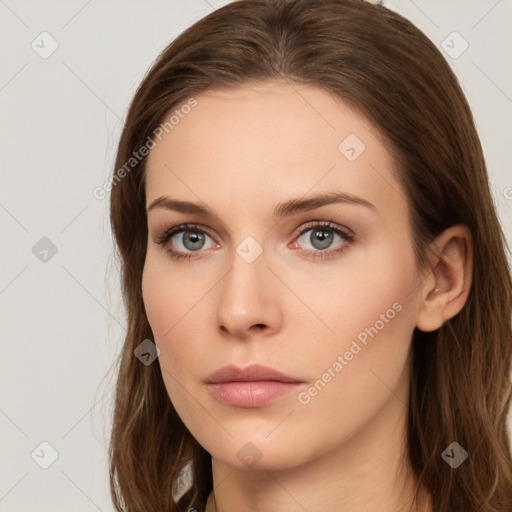 Neutral white young-adult female with long  brown hair and grey eyes