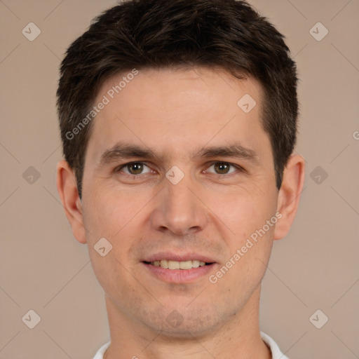 Joyful white young-adult male with short  brown hair and brown eyes